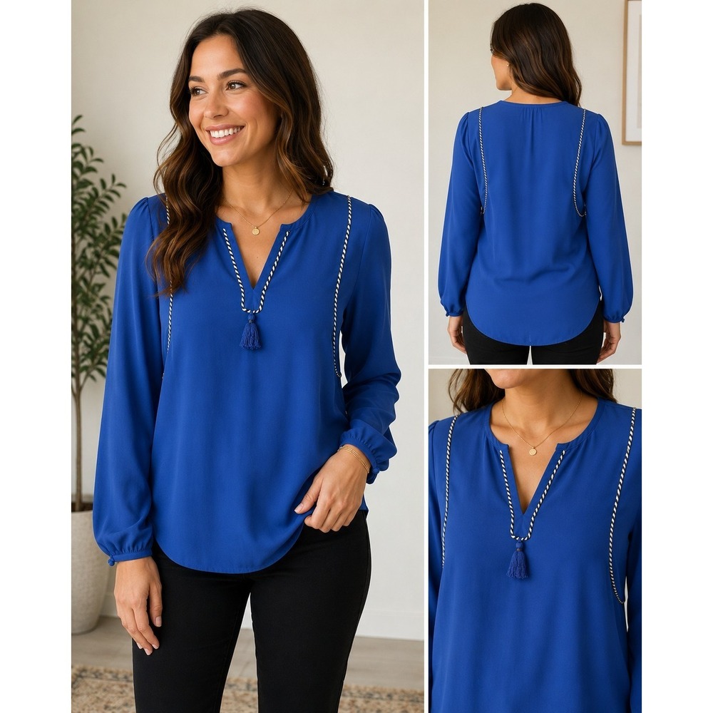 J.Crew Women's 6T Royal Blue Tassel Tie Neck Blouse Long Sleeve Career Top